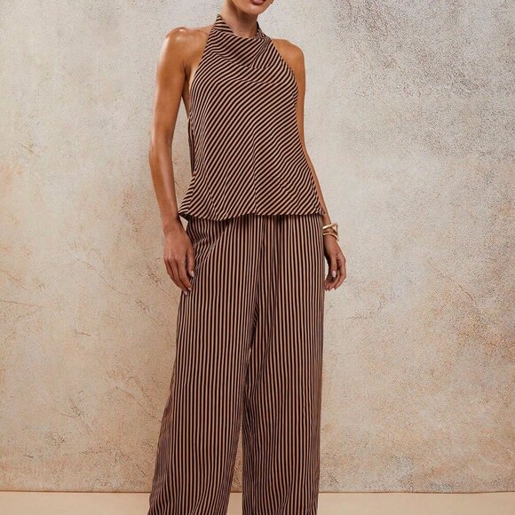 Multicolor Sexy Women's Elegant Resort Striped Halter top and pants 2 piece Set - Picture 5 of 7